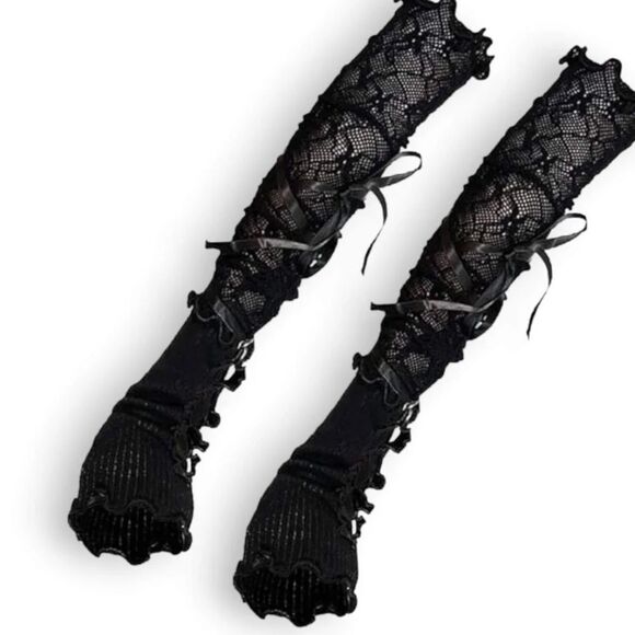 Black Lace Up Long Arm Cover Gloves NEW - Picture 2 of 3